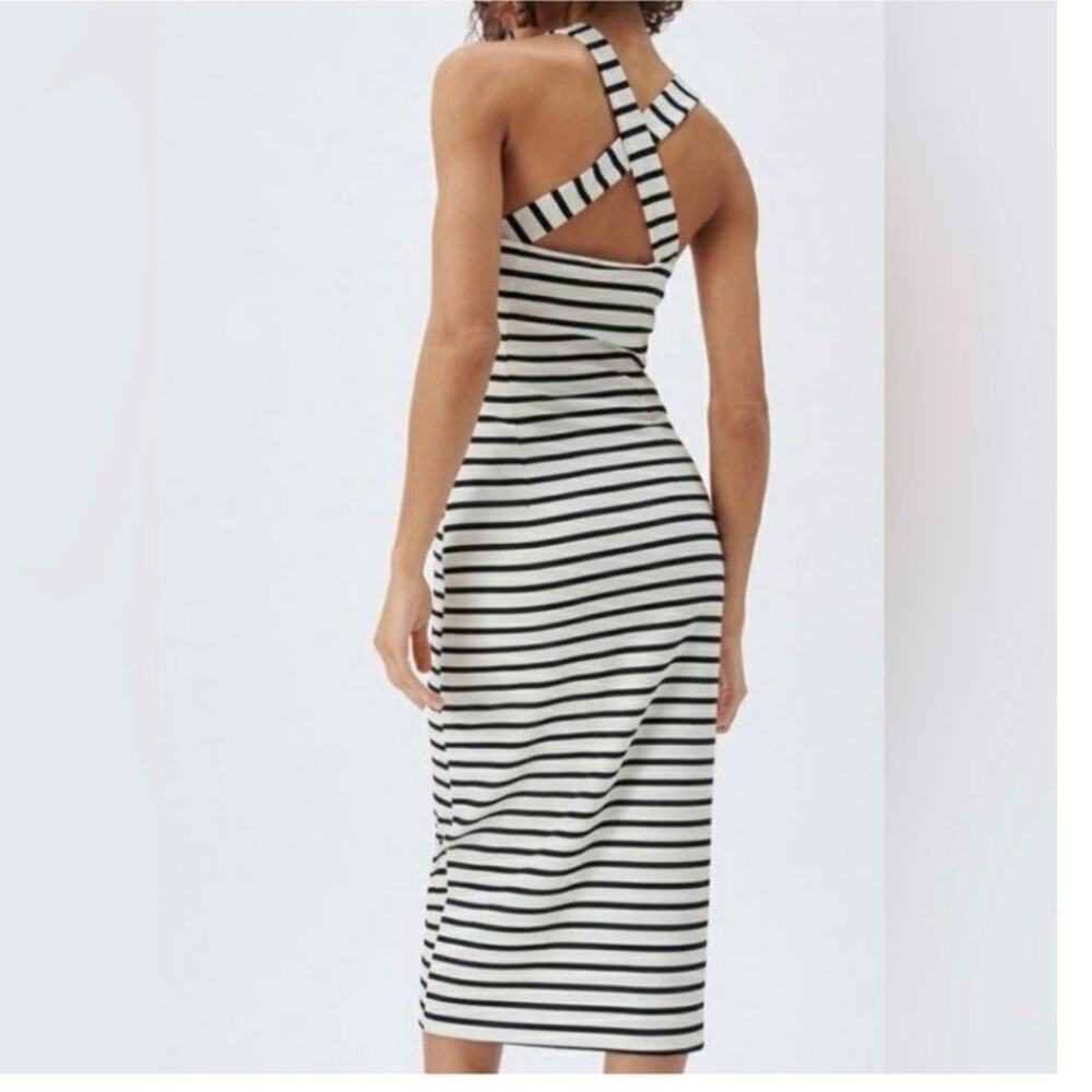 Zara Midi Dress L Striped Fitted Cross Back Straps Black White Scoop Neck